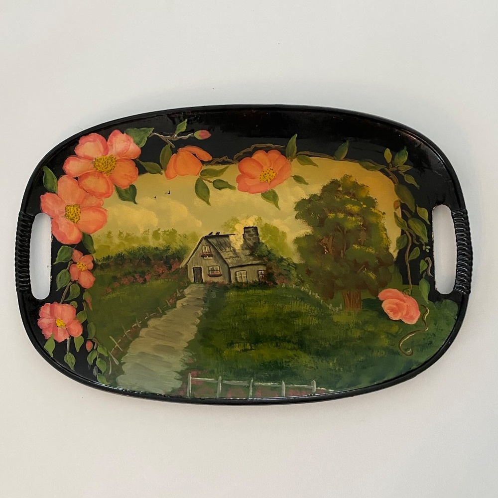 Vintage Tray. Decoupage Pastoral Scene. Handmade Oval Platter.